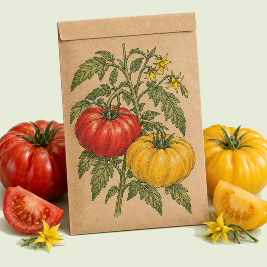 Kraft seed packet illustrated with Brandywine Red & Yellow Blend Pole Tomato, with fresh Brandywine Red & Yellow Blend Pole Tomato beside it