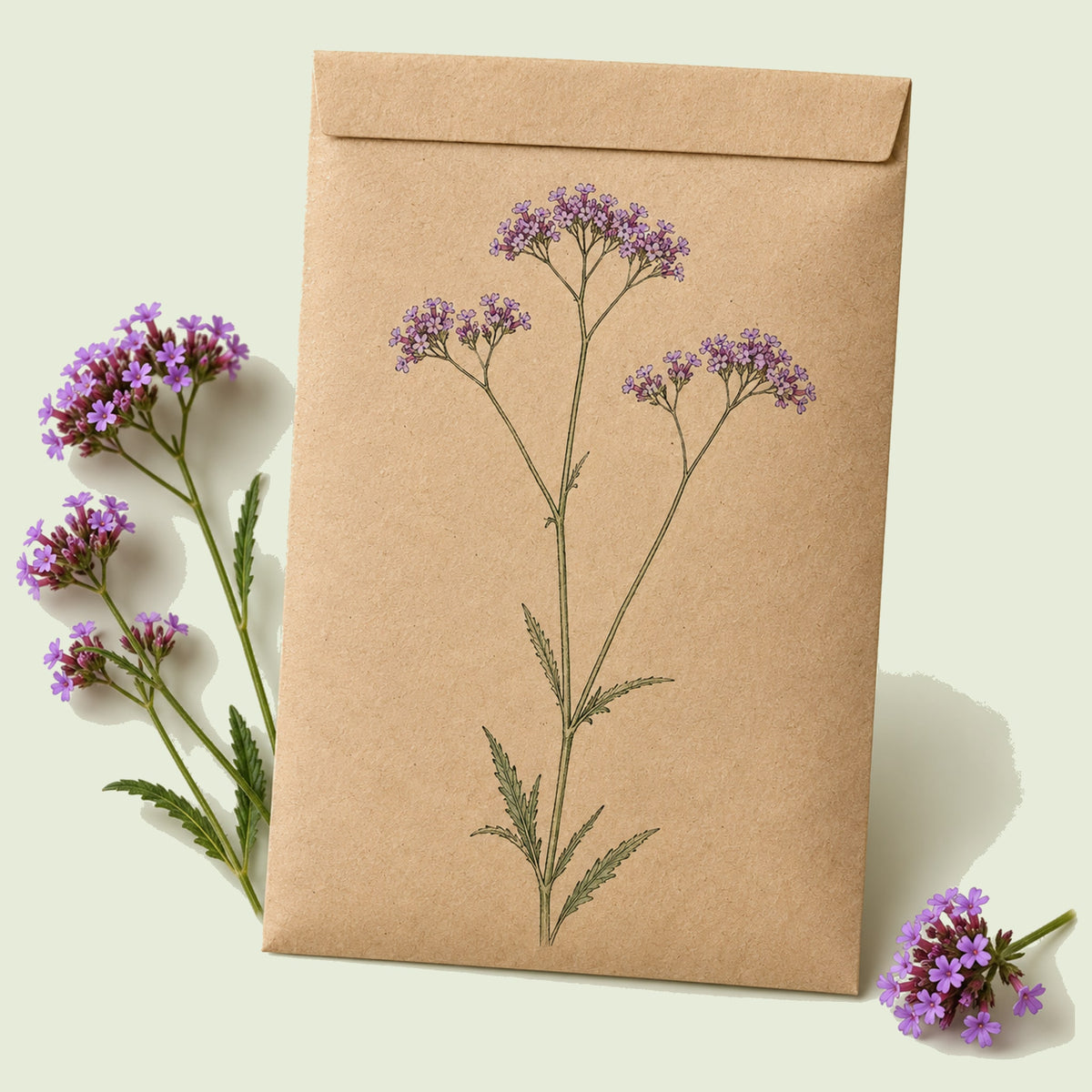 Kraft seed packet illustrated with Brazilian Vervain Verbena, with fresh Brazilian Vervain Verbena beside it