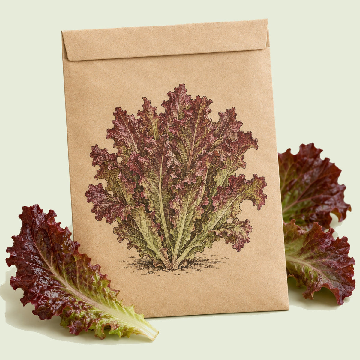 Kraft seed packet illustrated with Brentwood Leaf Lettuce, with fresh Brentwood Leaf Lettuce beside it
