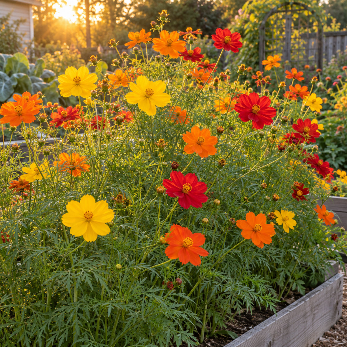 Bright Lights Blend Cosmos Seeds growing in a home garden