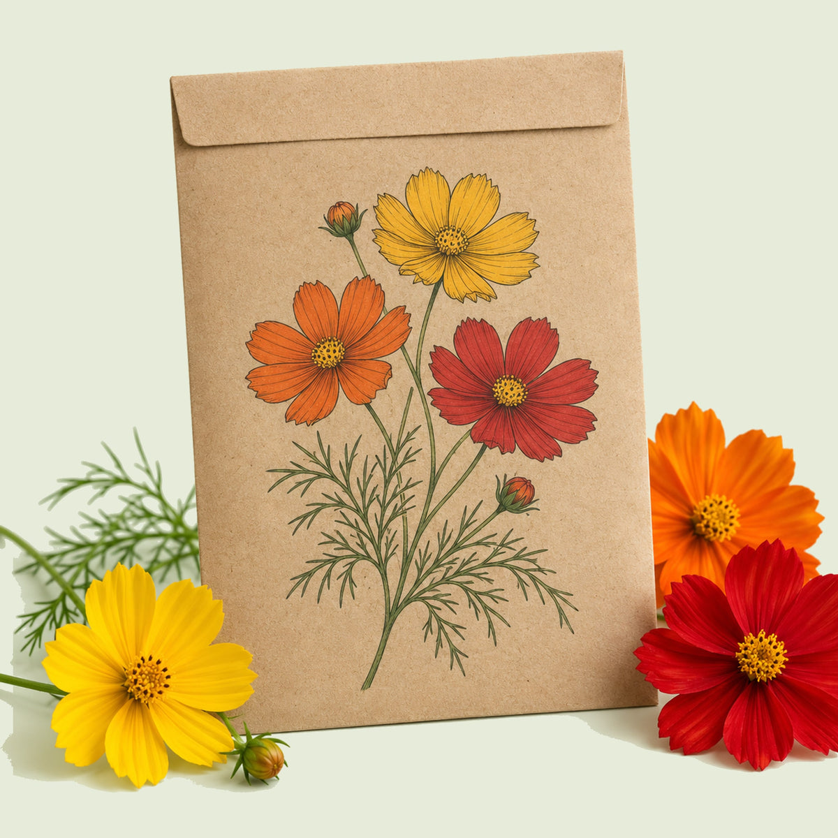 Kraft seed packet illustrated with Bright Lights Blend Cosmos, with fresh Bright Lights Blend Cosmos beside it
