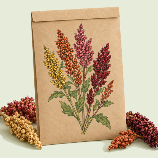 Kraft seed packet illustrated with Brightest Brilliant Rainbow Quinoa, with fresh Brightest Brilliant Rainbow Quinoa beside it