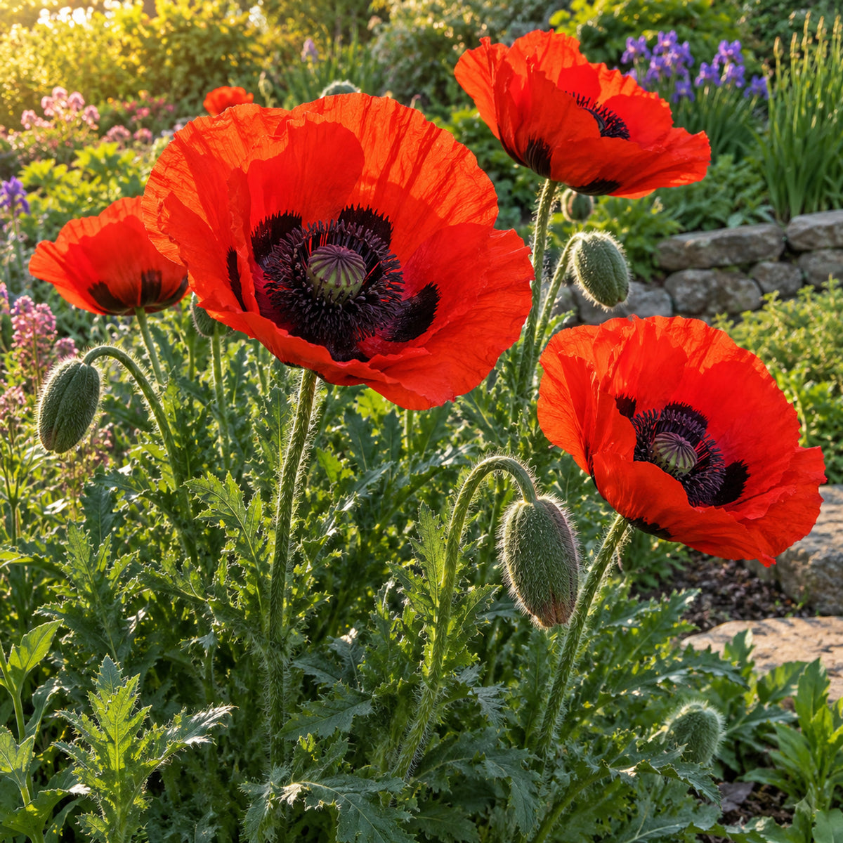 Brilliant Oriental Poppy Seeds growing in a home garden
