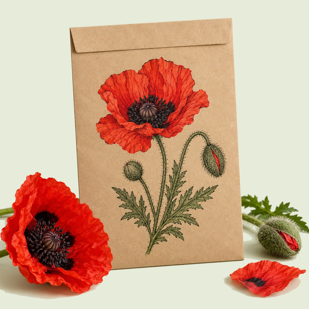 Kraft seed packet illustrated with Brilliant Oriental Poppy, with fresh Brilliant Oriental Poppy beside it