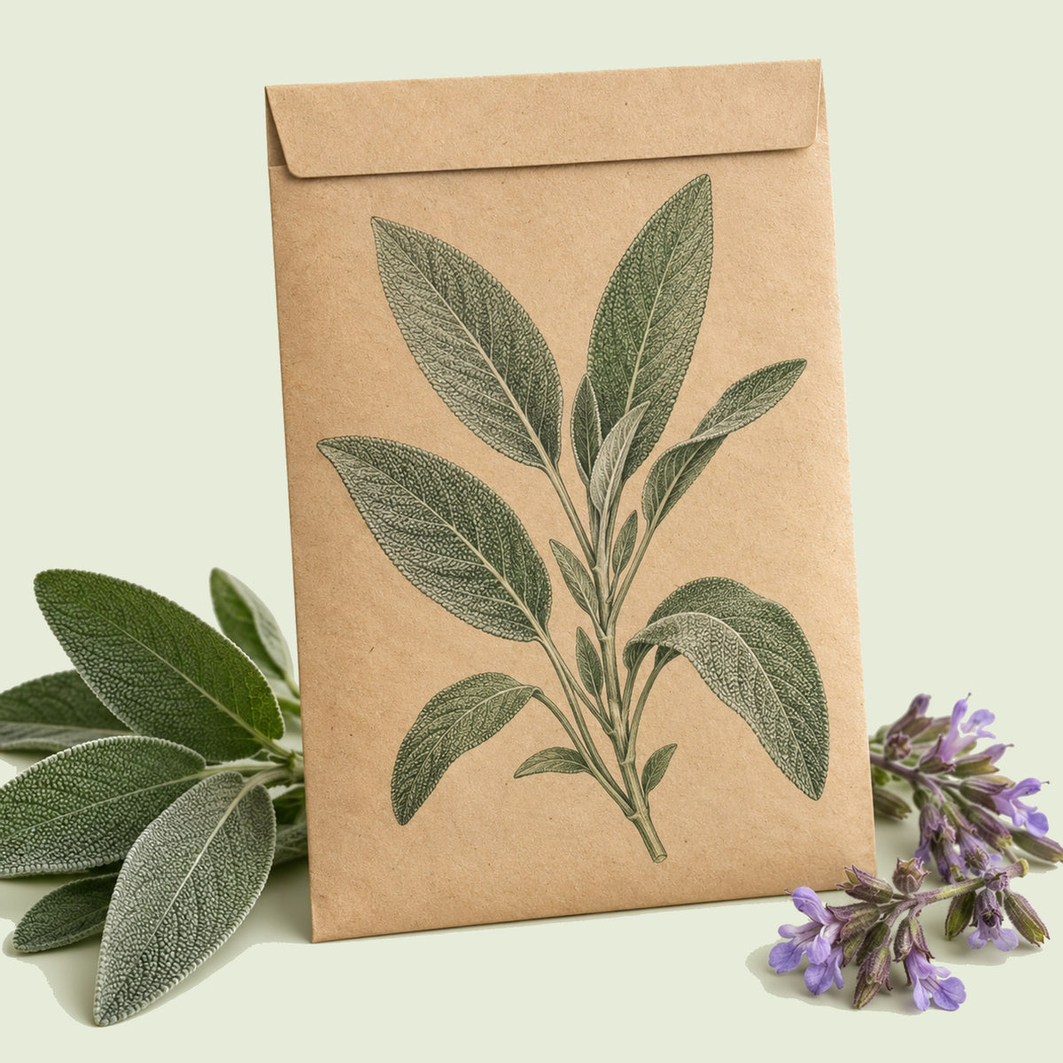 Kraft seed packet illustrated with Broadleaf Sage, with fresh Broadleaf Sage beside it