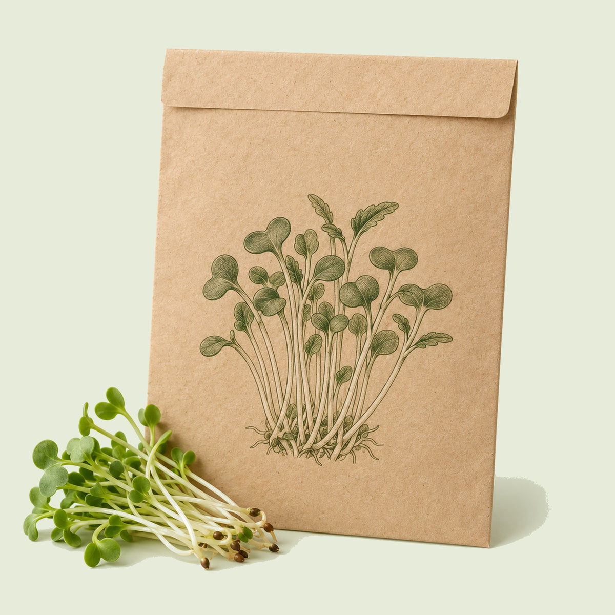Kraft seed packet illustrated with Broccoli Sprouts, with fresh Broccoli Sprouts beside it