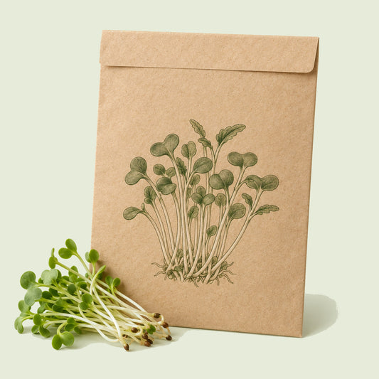Kraft seed packet illustrated with Broccoli Sprouts, with fresh Broccoli Sprouts beside it