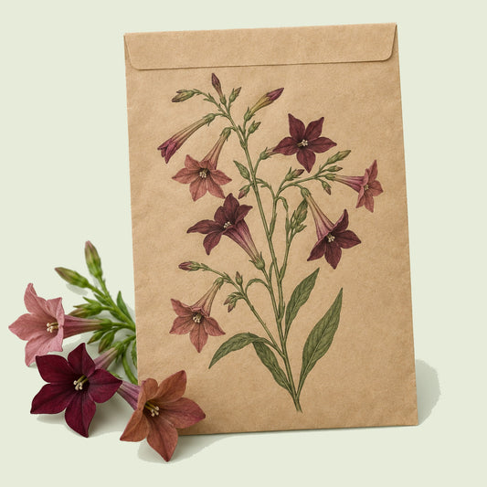 Kraft seed packet illustrated with Bronze Queen Nicotiana, with fresh Bronze Queen Nicotiana beside it
