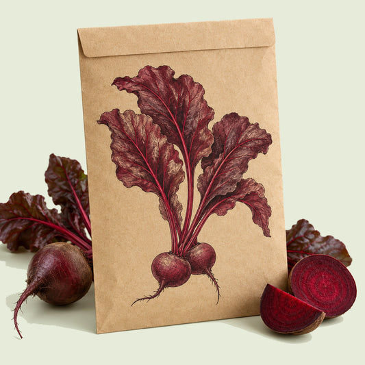 Kraft seed packet illustrated with Bull's Blood Beet, with fresh Bull's Blood Beet beside it