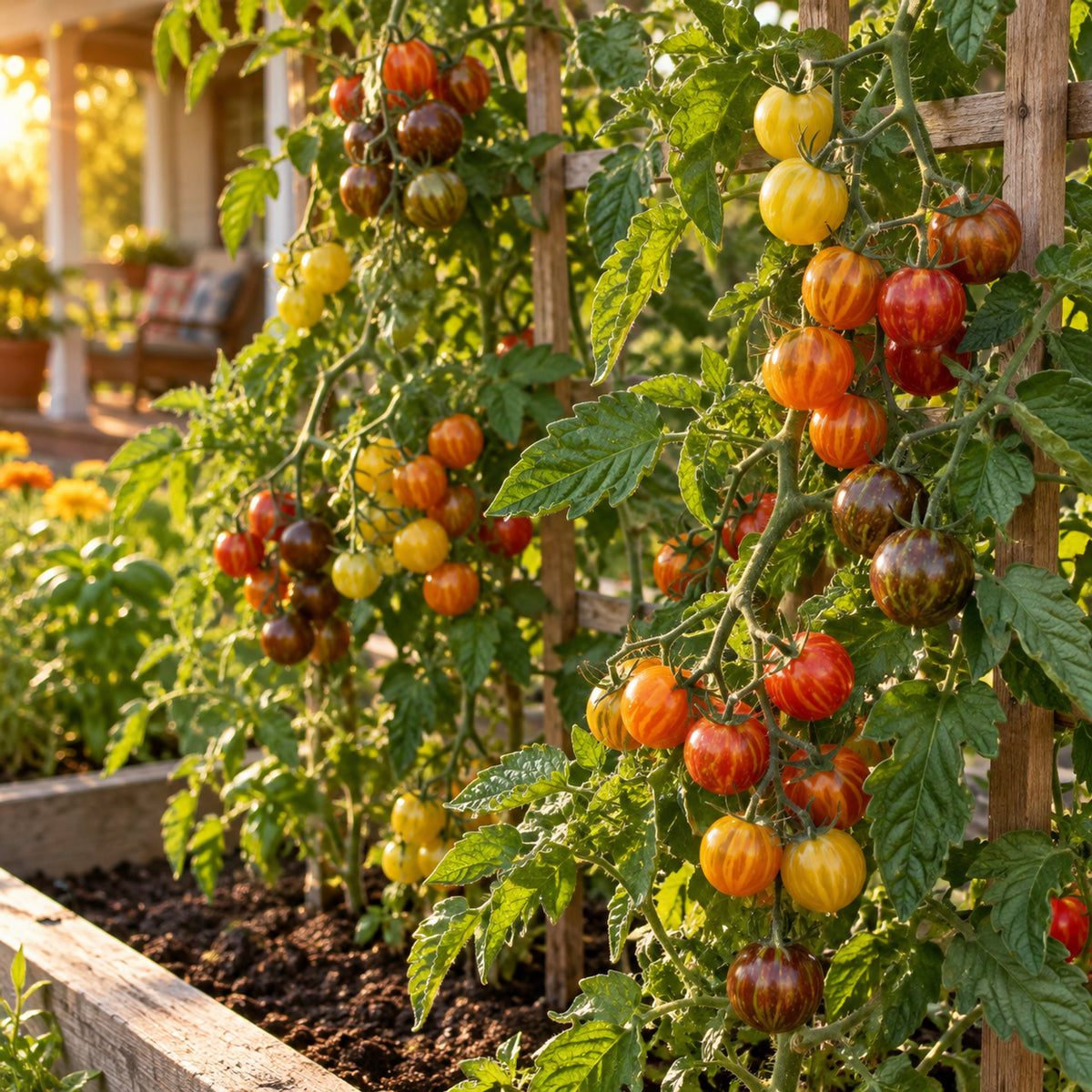 Bumble Bee Blend Pole Cherry Tomato Seeds growing in a home garden