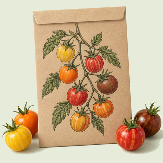 Kraft seed packet illustrated with Bumble Bee Blend Pole Cherry Tomato, with fresh Bumble Bee Blend Pole Cherry Tomato beside it