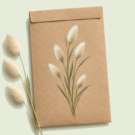 Kraft seed packet illustrated with Bunny Tails Grass, with fresh Bunny Tails Grass beside it