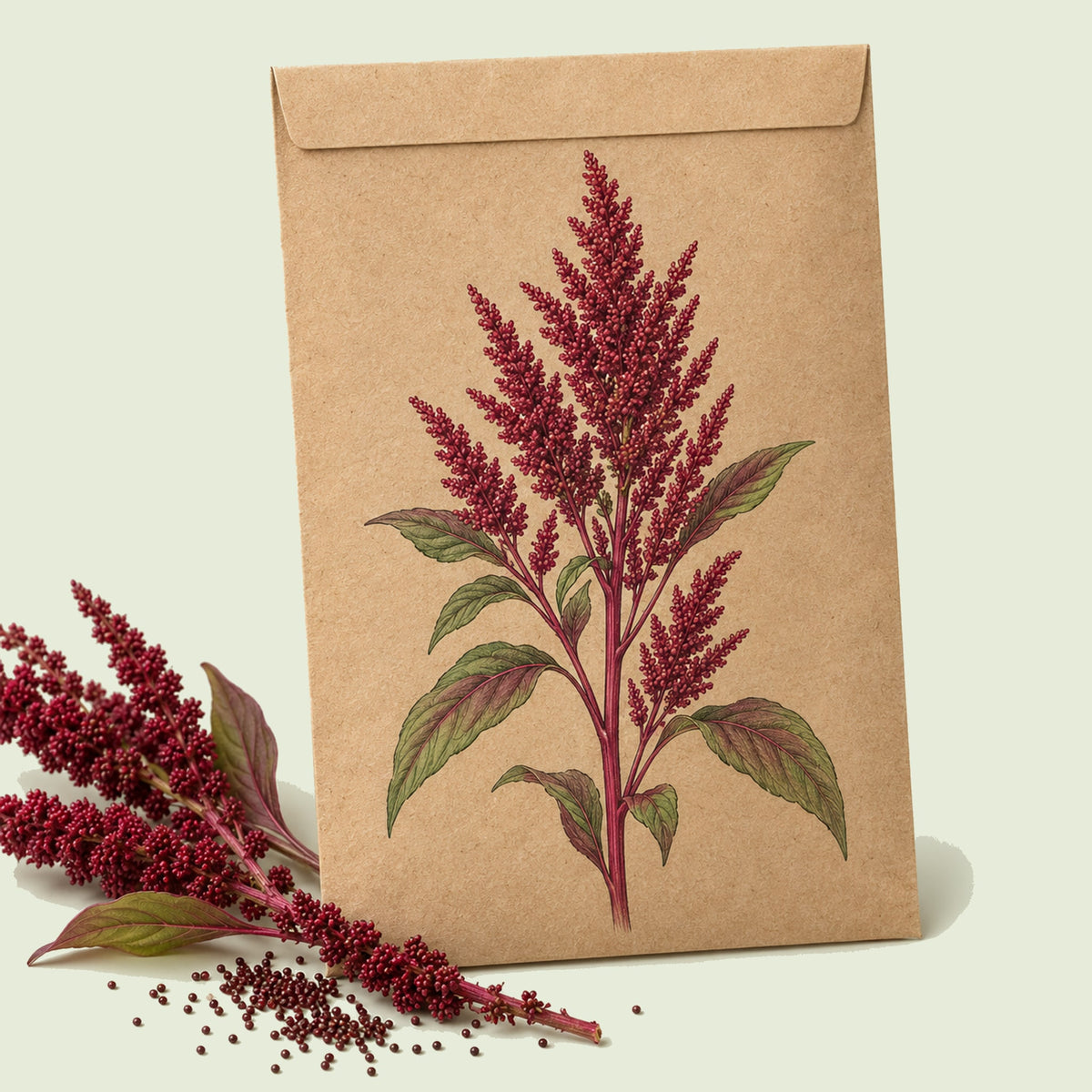 Kraft seed packet illustrated with Burgundy Amaranth, with fresh Burgundy Amaranth beside it