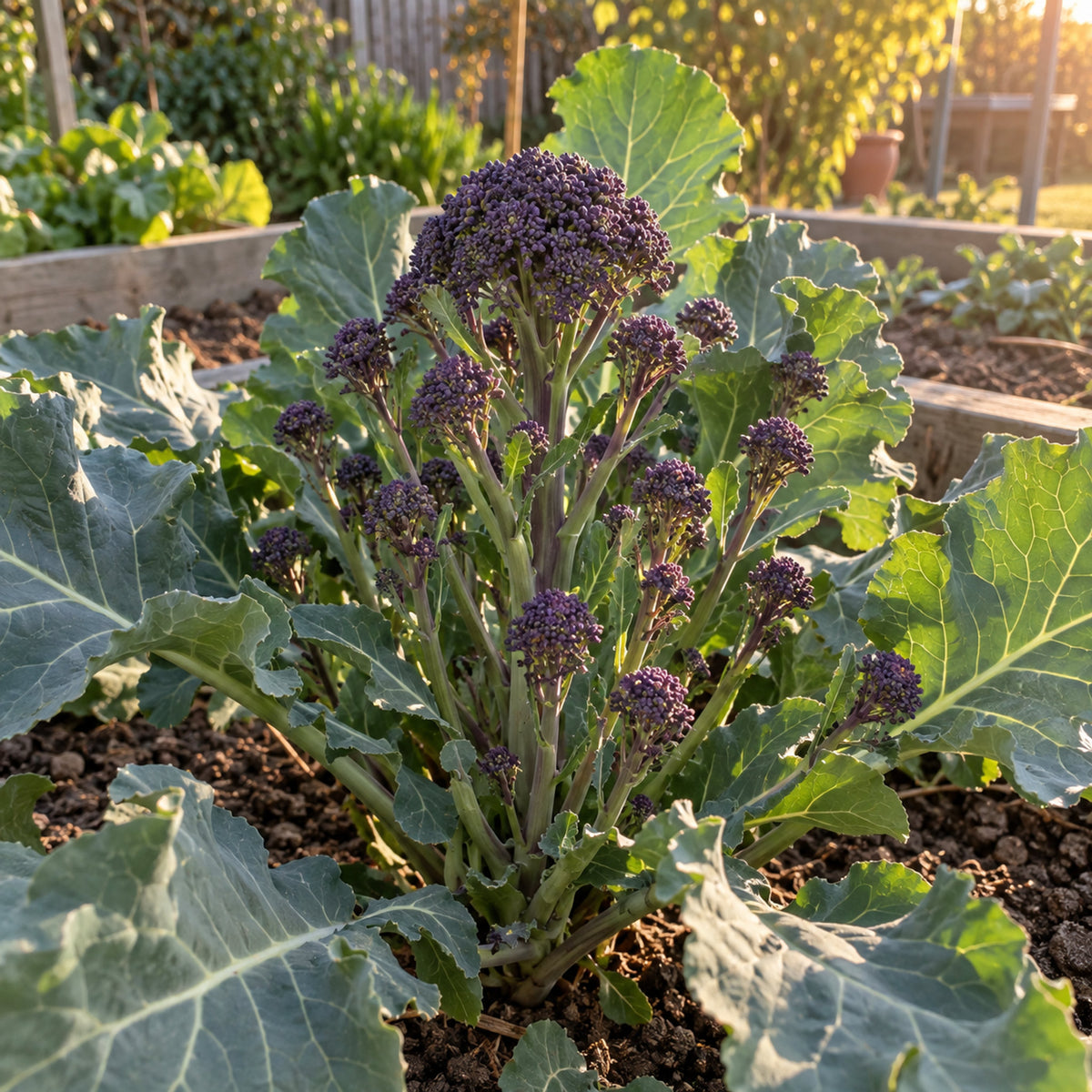 Burgundy Broccoli Seeds growing in a home garden