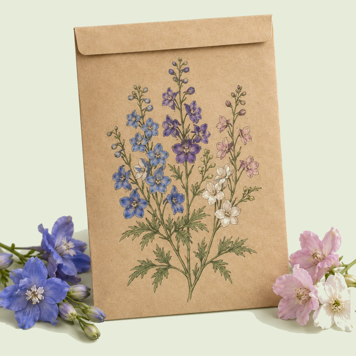 Kraft seed packet illustrated with Butterfly Blend Delphinium, with fresh Butterfly Blend Delphinium beside it
