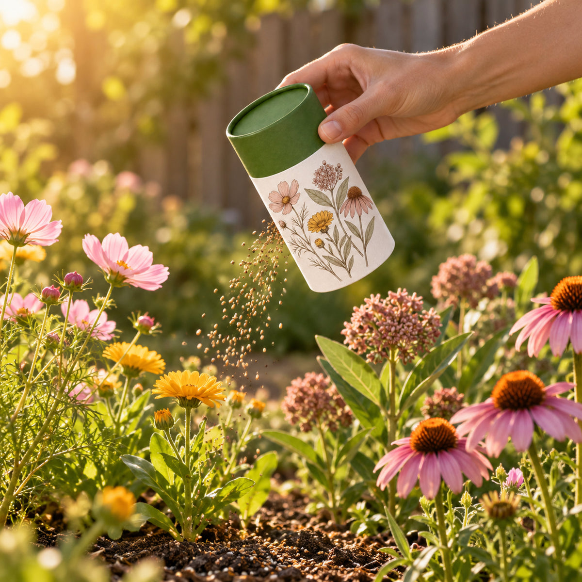 Butterfly Flower Mix Seed Shaker in use in a home garden
