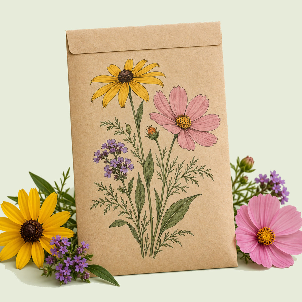 Kraft seed packet illustrated with Butterfly Garden Flower Mix, with fresh Butterfly Garden Flower Mix beside it