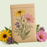 Kraft seed packet illustrated with Butterfly Garden Flower Mix, with fresh Butterfly Garden Flower Mix beside it