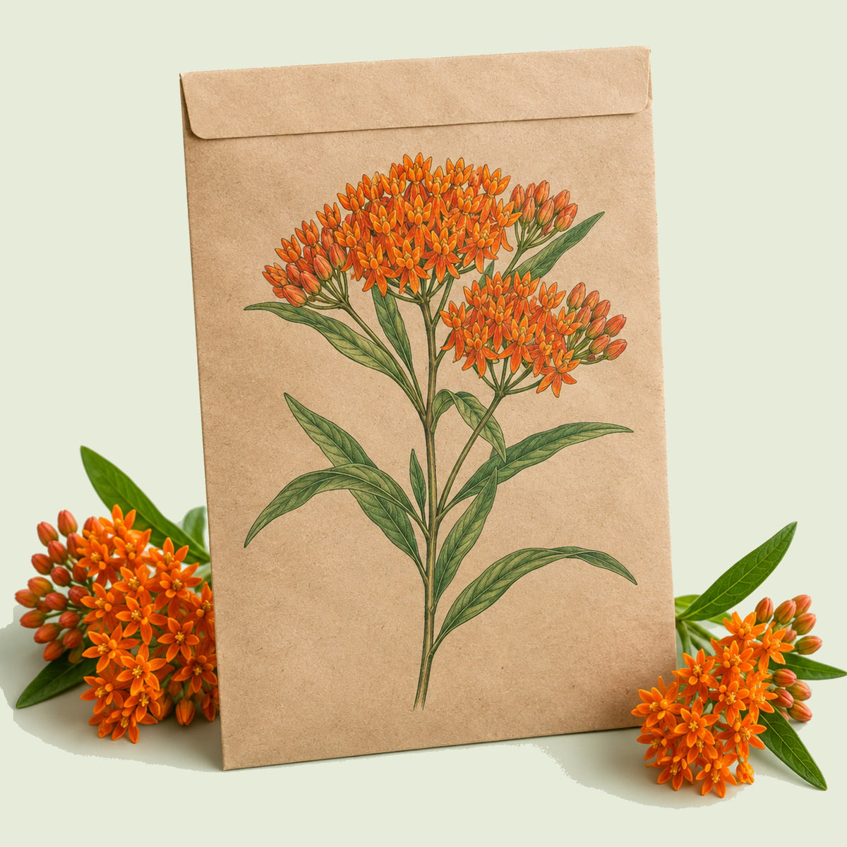 Kraft seed packet illustrated with Butterfly Milkweed, with fresh Butterfly Milkweed beside it