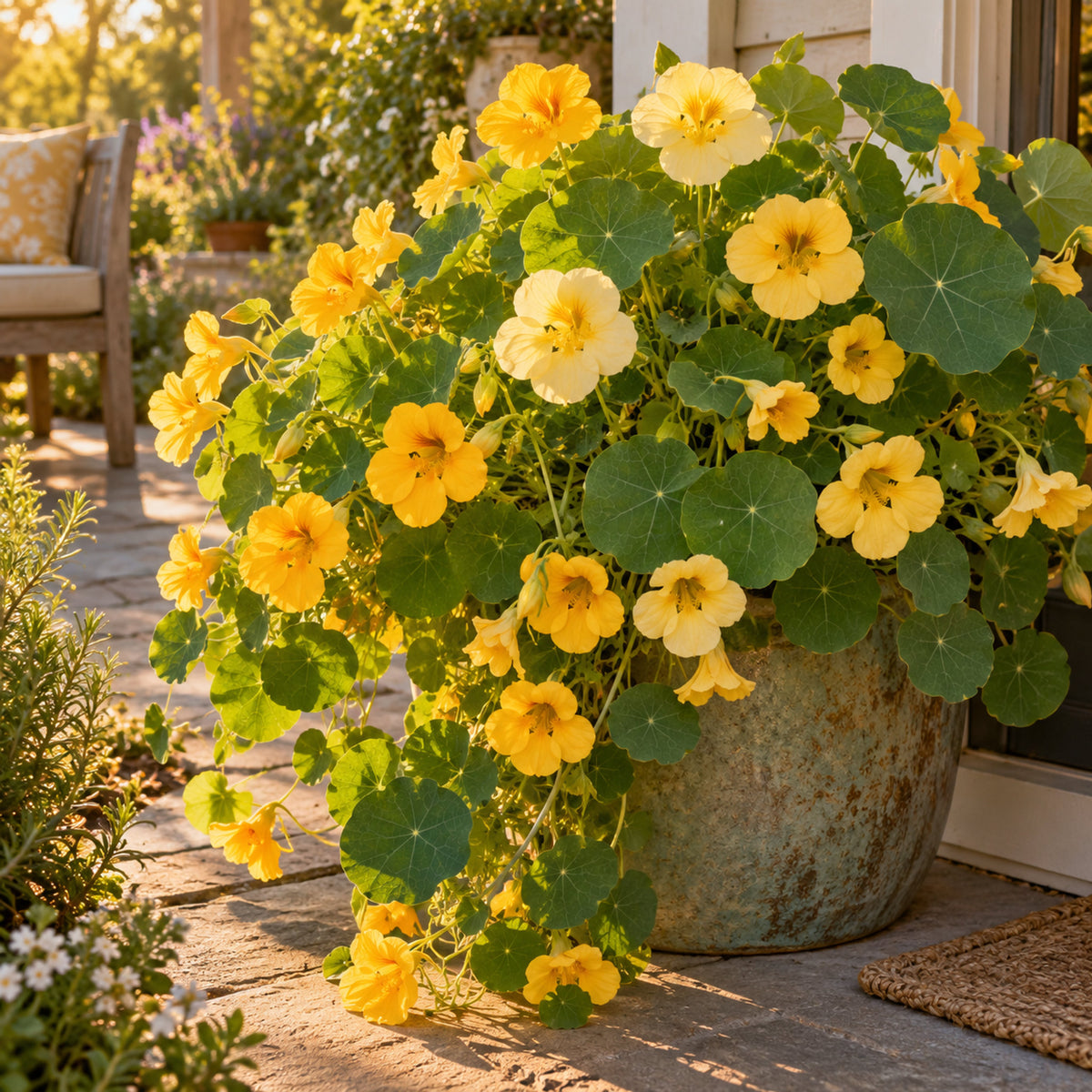 Butterscotch Nasturtium Flower Seeds growing in a home garden