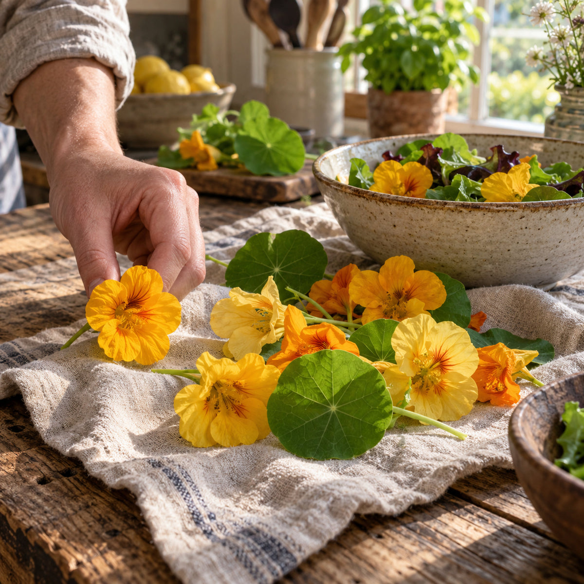 Butterscotch Nasturtium Flower Seeds harvest up close