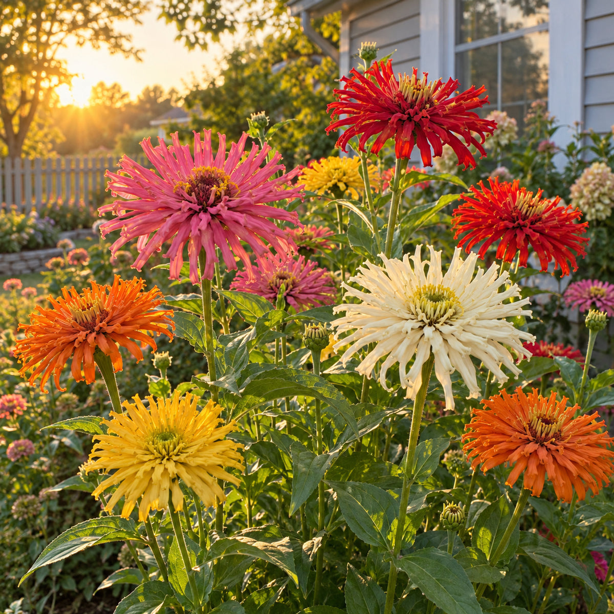 Cactus Flower Blend Zinnia Seeds growing in a home garden