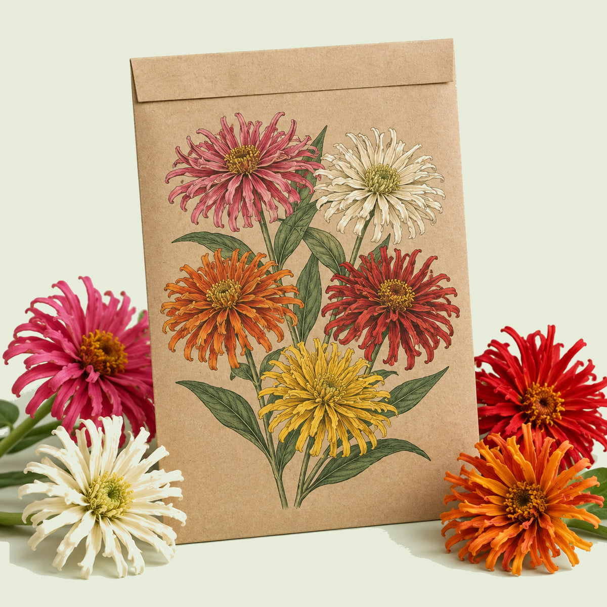 Kraft seed packet illustrated with Cactus Flower Blend Zinnia, with fresh Cactus Flower Blend Zinnia beside it