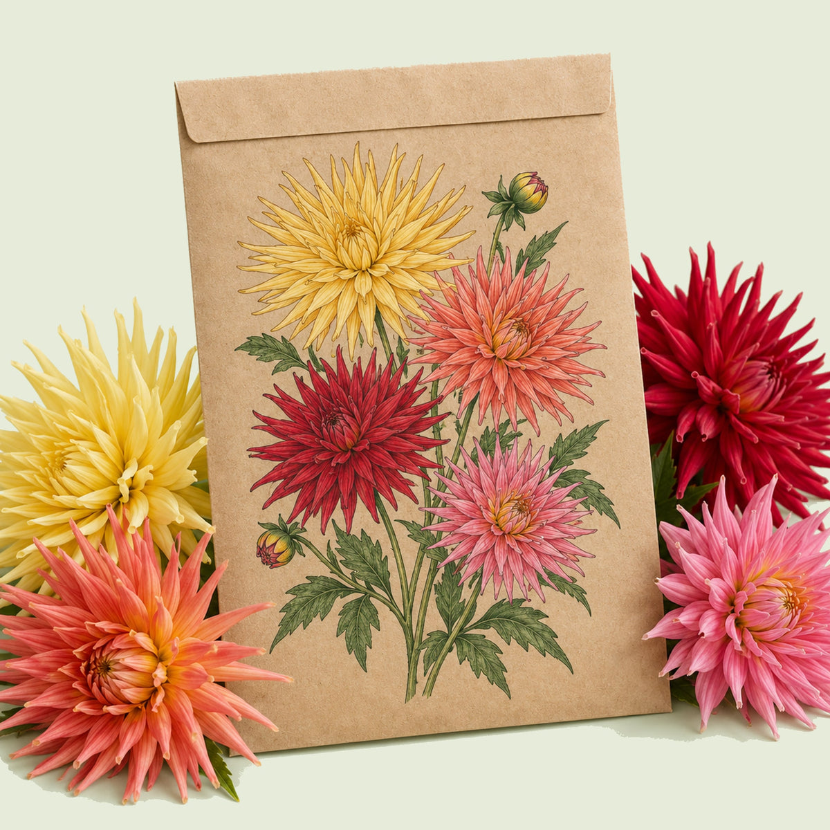 Kraft seed packet illustrated with Cactus Flowered Blend Dahlia, with fresh Cactus Flowered Blend Dahlia beside it