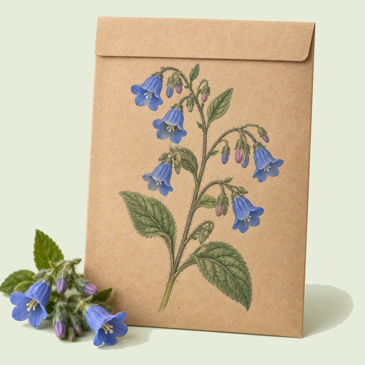 Kraft seed packet illustrated with California Bluebells, with fresh California Bluebells beside it