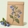 Kraft seed packet illustrated with California Bluebells, with fresh California Bluebells beside it