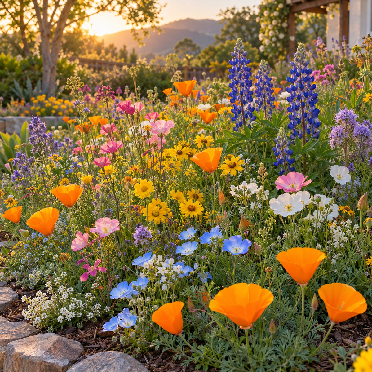 California Color Flower Mix Seeds growing in a home garden