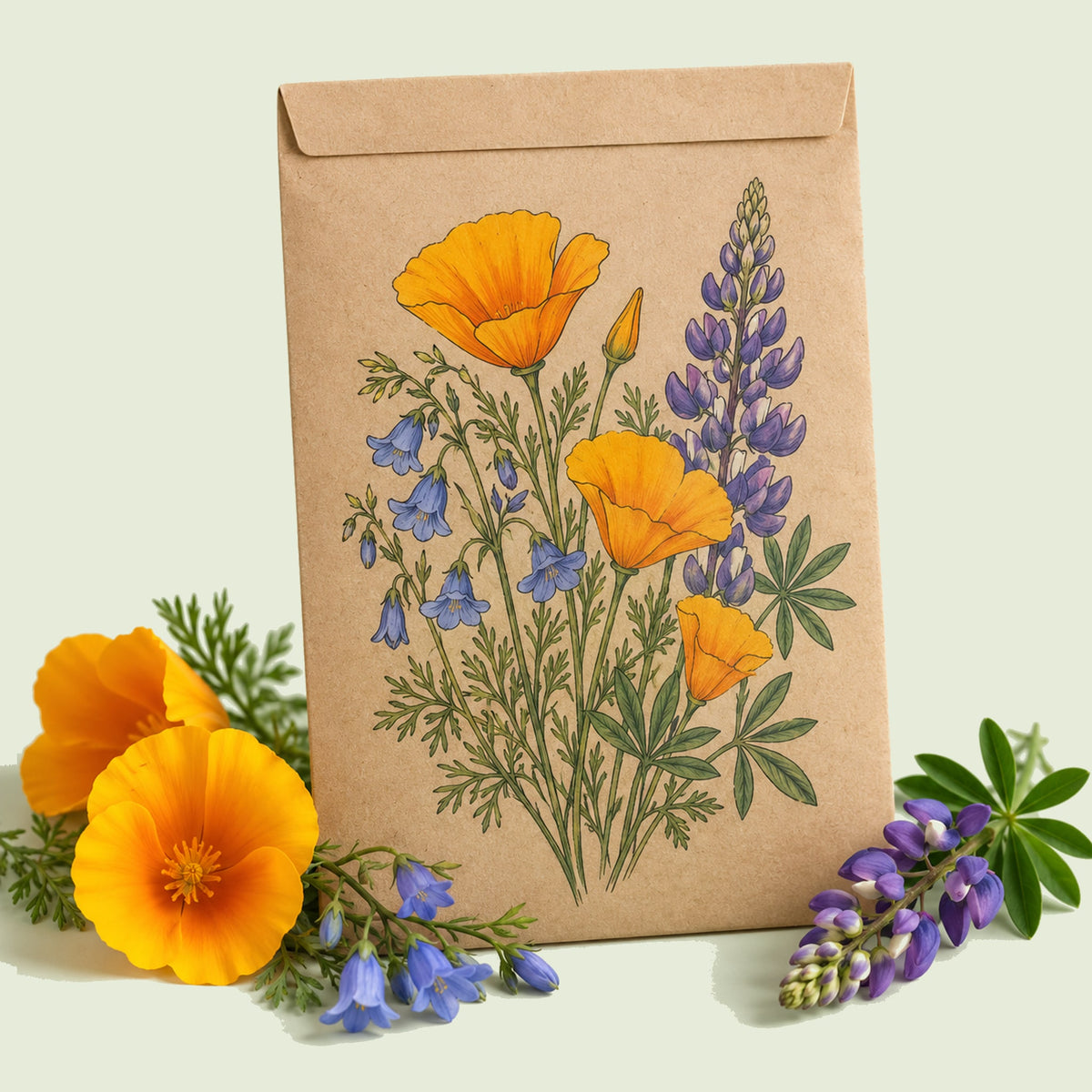 Kraft seed packet illustrated with California Color Flower Mix, with fresh California Color Flower Mix beside it