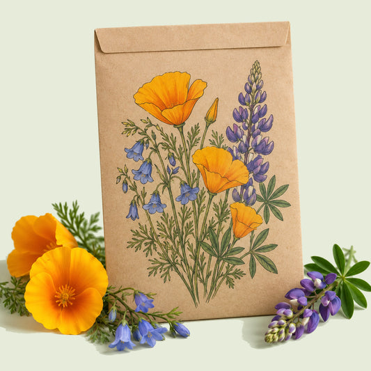 Kraft seed packet illustrated with California Color Flower Mix, with fresh California Color Flower Mix beside it