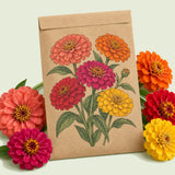 Kraft seed packet illustrated with California Giants Zinnia Blend, with fresh California Giants Zinnia Blend beside it