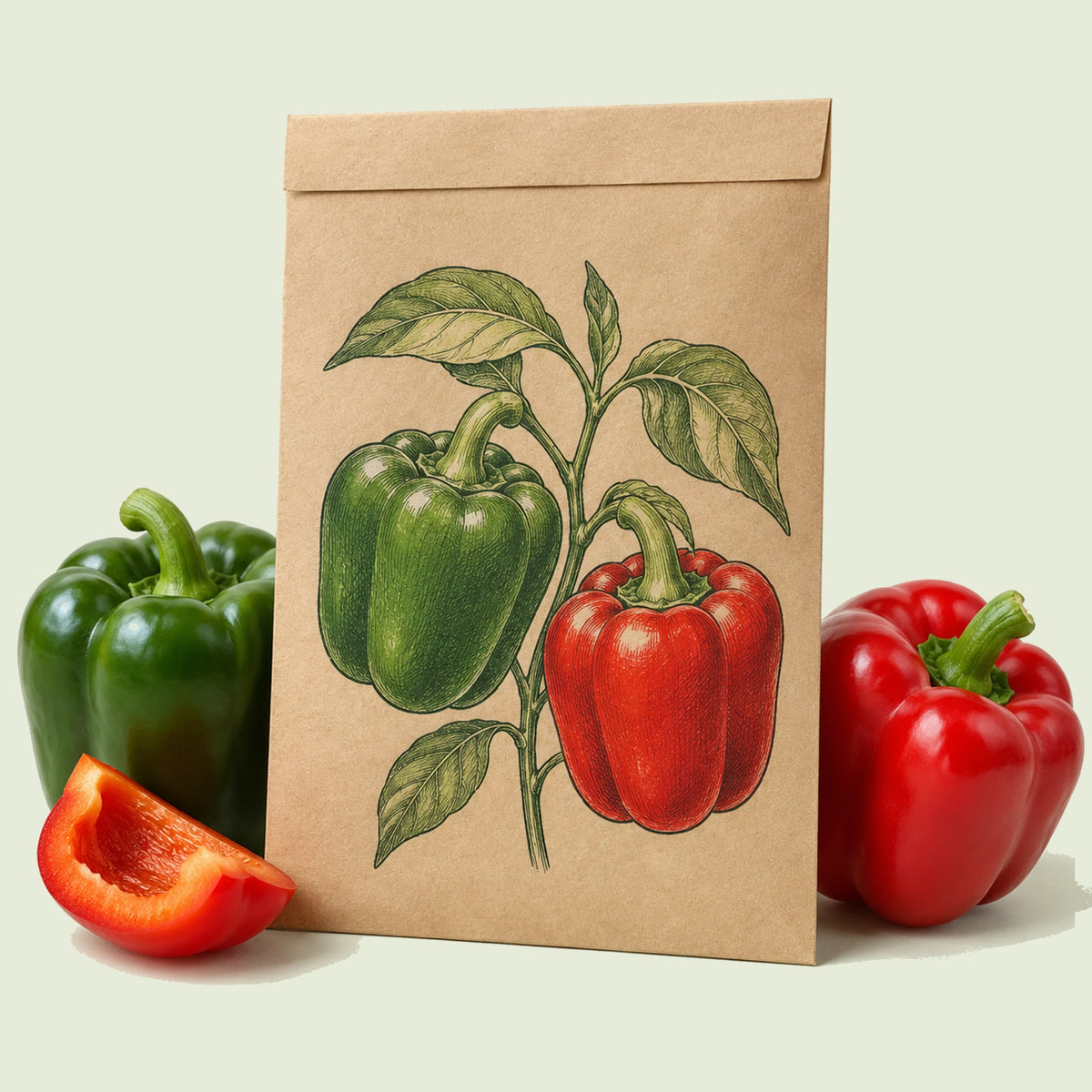 Kraft seed packet illustrated with California Wonder Sweet Pepper, with fresh California Wonder Sweet Pepper beside it