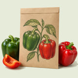 Kraft seed packet illustrated with California Wonder Sweet Pepper, with fresh California Wonder Sweet Pepper beside it