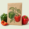 Kraft seed packet illustrated with California Wonder Sweet Pepper, with fresh California Wonder Sweet Pepper beside it