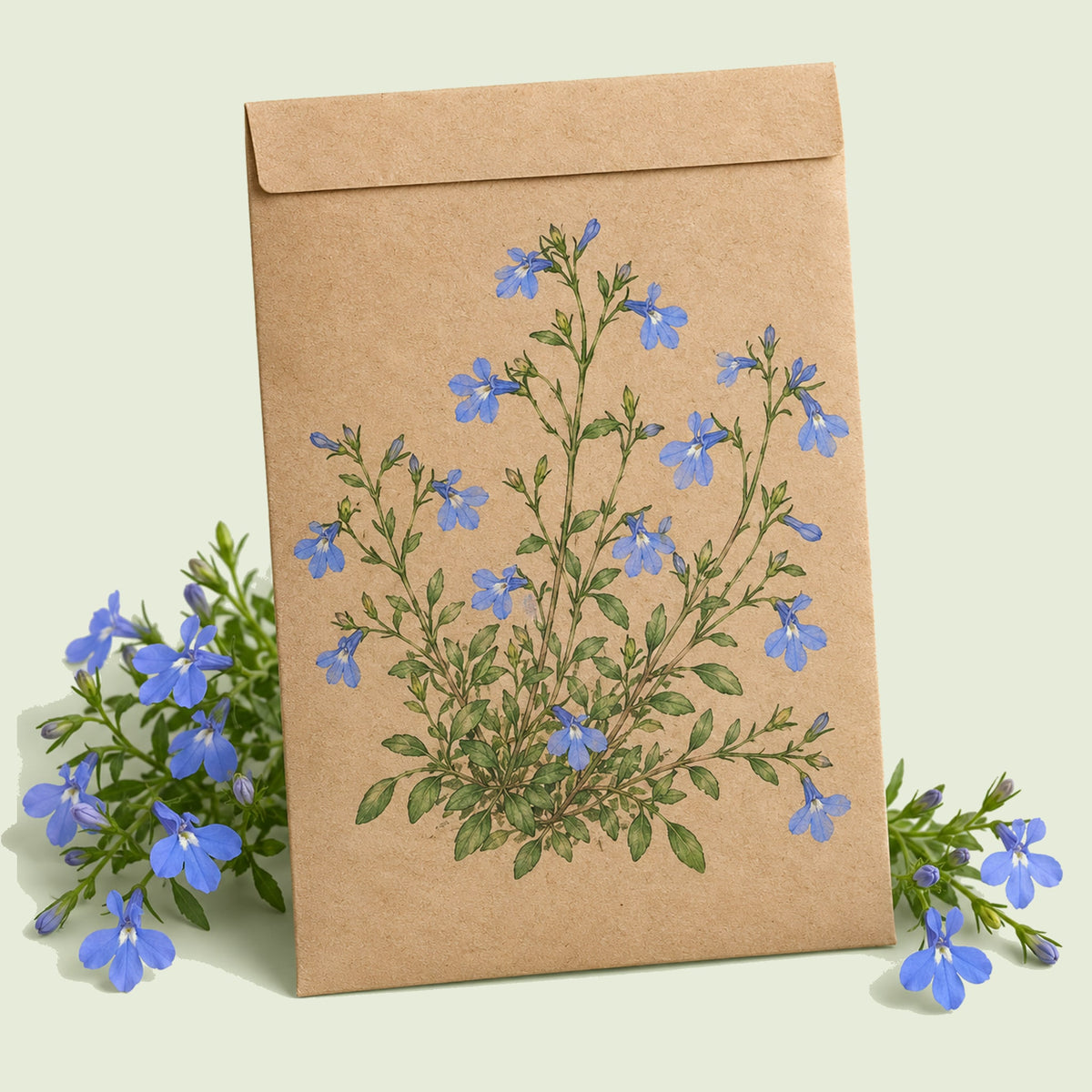 Kraft seed packet illustrated with Cambridge Blue Lobelia, with fresh Cambridge Blue Lobelia beside it