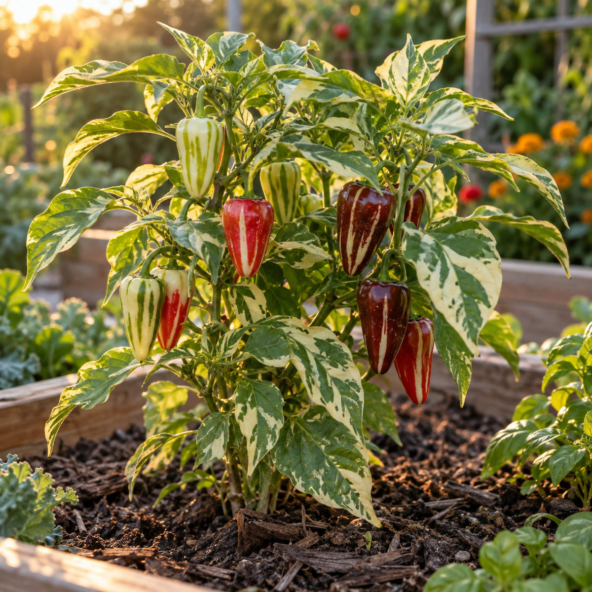 Candy Cane Chocolate Cherry Sweet Pepper Seeds growing in a home garden