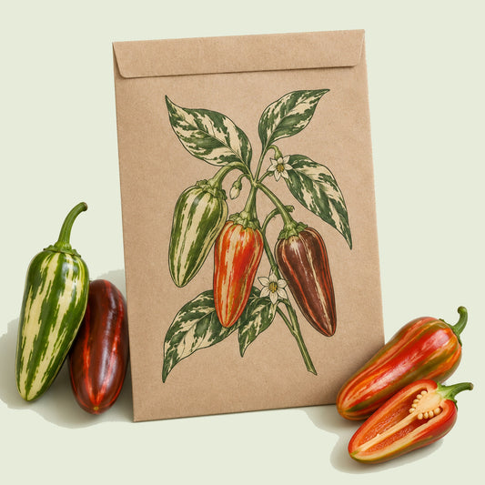 Kraft seed packet illustrated with Candy Cane Chocolate Cherry Sweet Pepper, with fresh Candy Cane Chocolate Cherry Sweet Pepper beside it