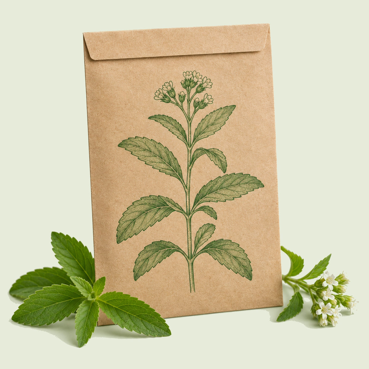 Kraft seed packet illustrated with Candy Stevia, with fresh Candy Stevia beside it