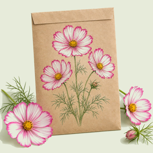 Kraft seed packet illustrated with Candystripe Cosmos, with fresh Candystripe Cosmos beside it