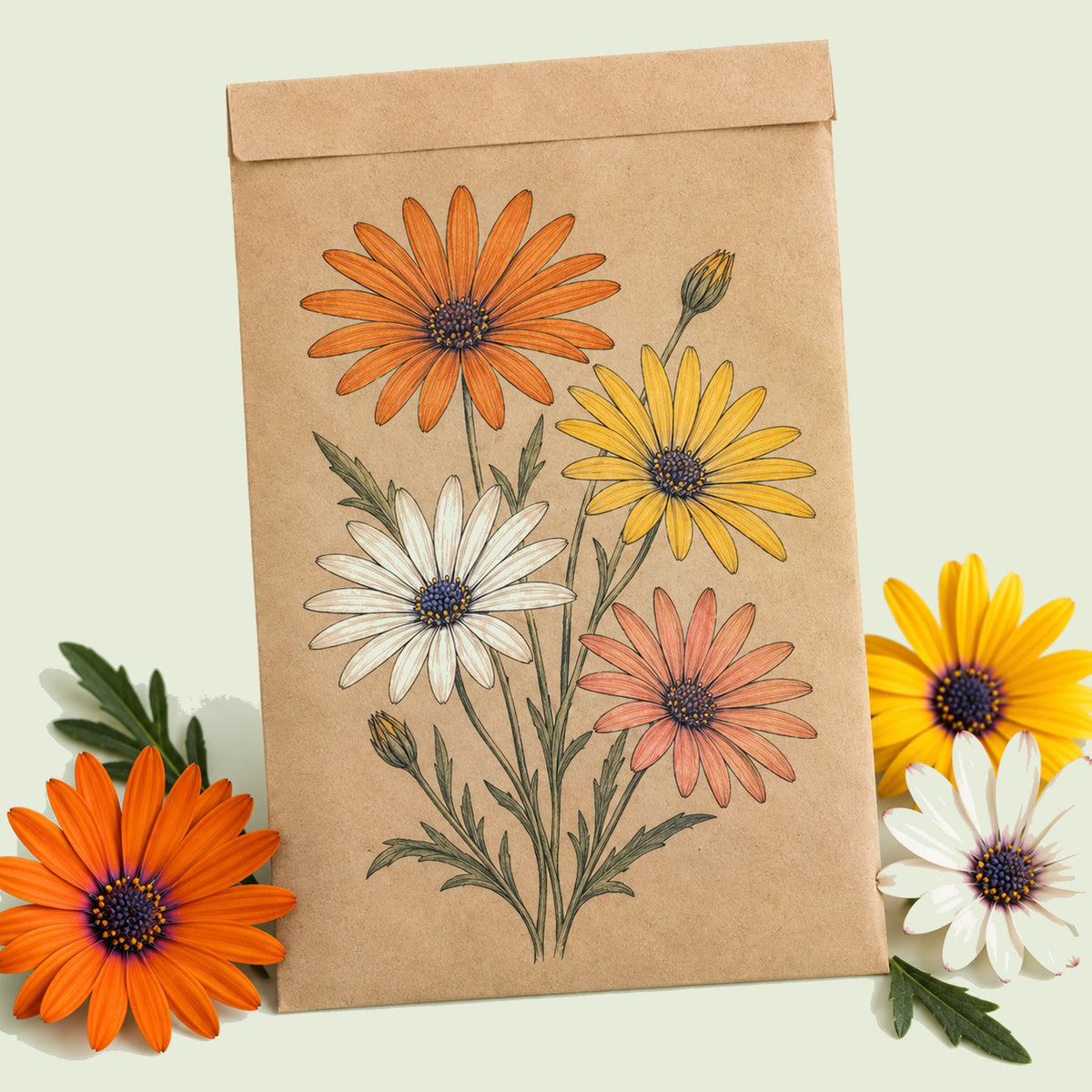 Kraft seed packet illustrated with Cape Marigold African Daisy, with fresh Cape Marigold African Daisy beside it
