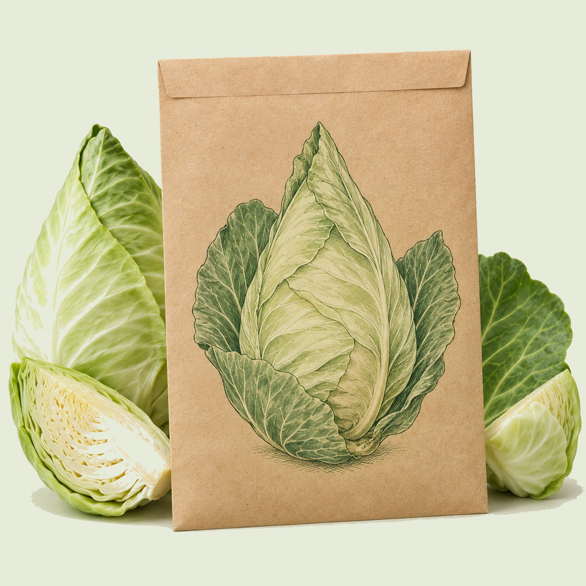 Kraft seed packet illustrated with Caraflex Cabbage, with fresh Caraflex Cabbage beside it