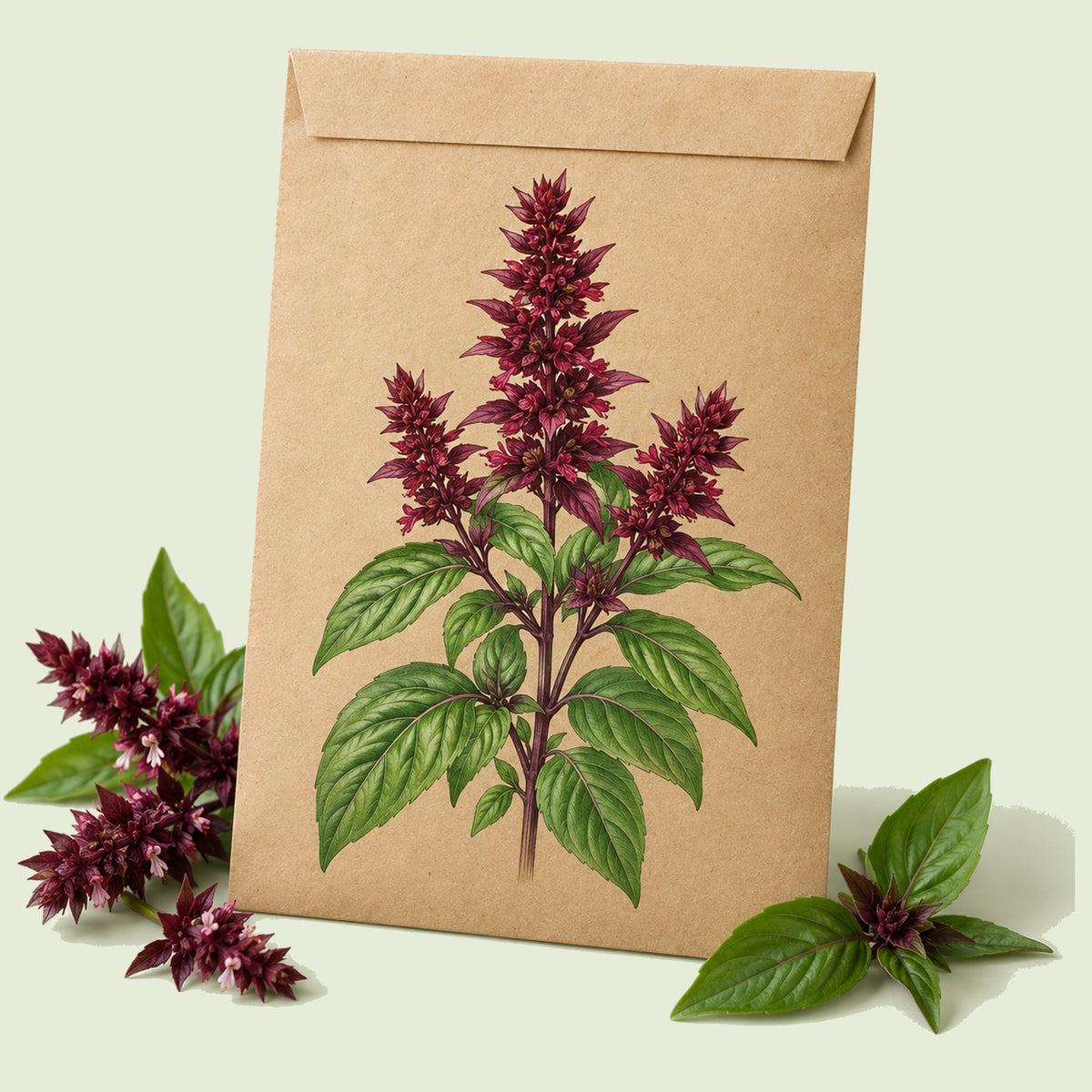 Kraft seed packet illustrated with Cardinal Basil, with fresh Cardinal Basil beside it