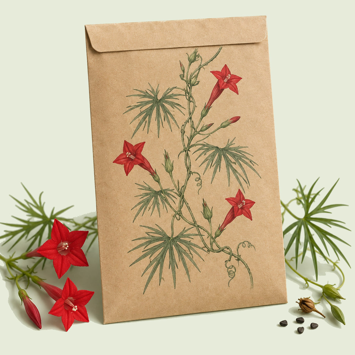 Kraft seed packet illustrated with Cardinal Climber, with fresh Cardinal Climber beside it