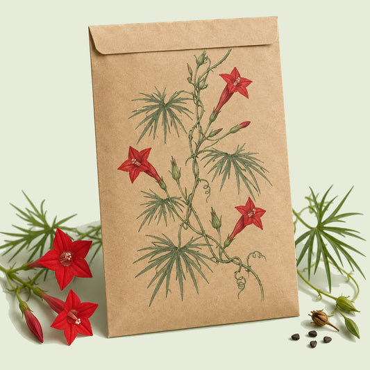 Kraft seed packet illustrated with Cardinal Climber, with fresh Cardinal Climber beside it