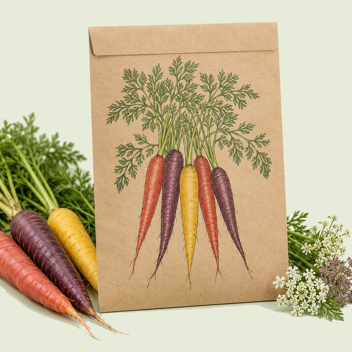 Kraft seed packet illustrated with Carnival Blend Carrot, with fresh Carnival Blend Carrot beside it