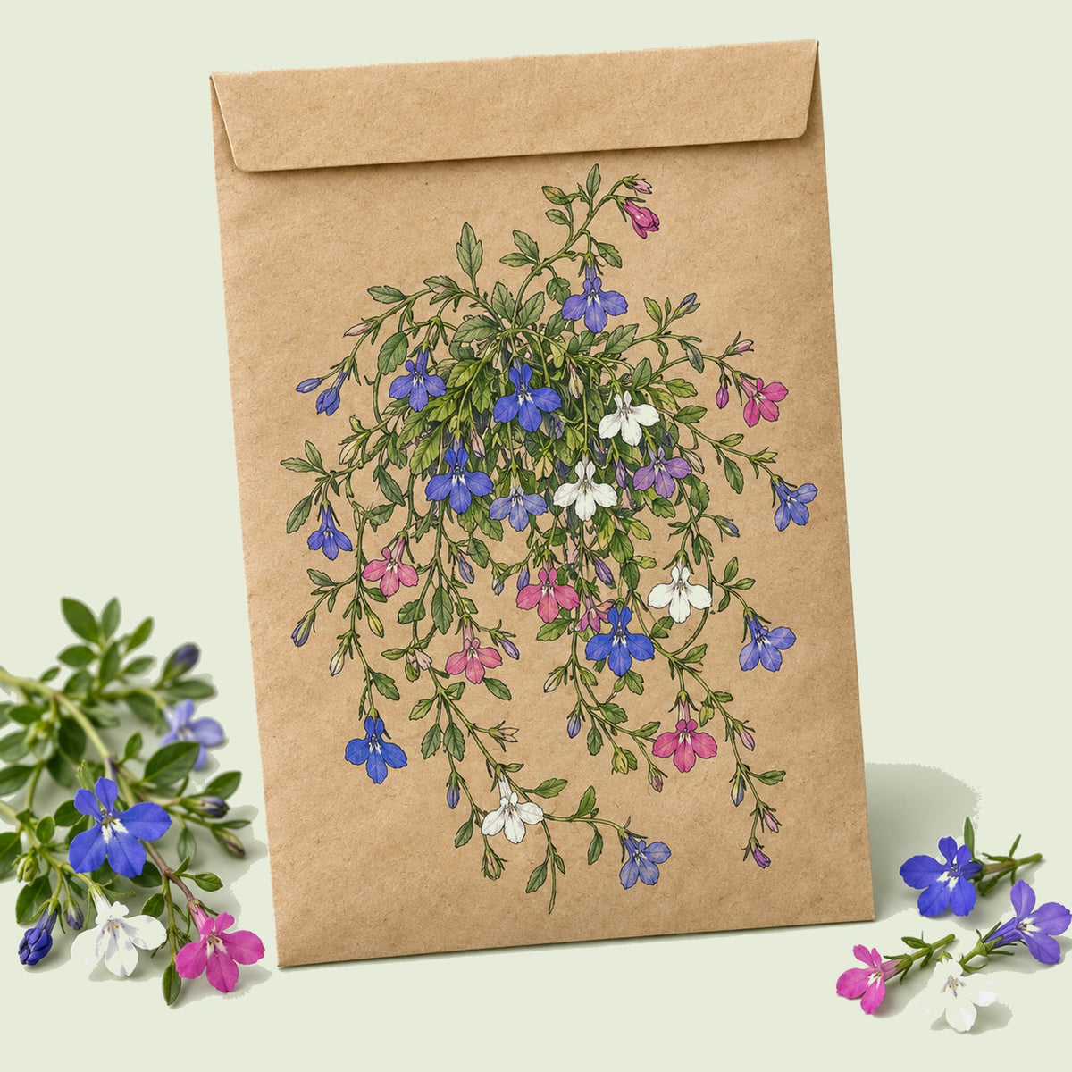 Kraft seed packet illustrated with Cascade of Color Trailing Lobelia, with fresh Cascade of Color Trailing Lobelia beside it