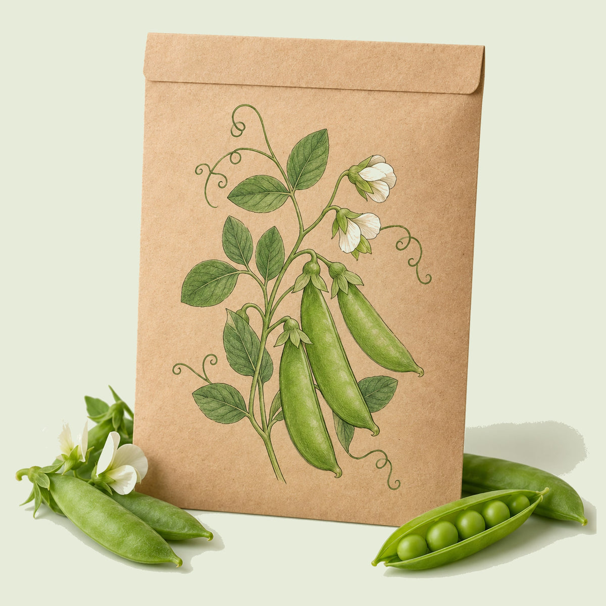 Kraft seed packet illustrated with Cascadia Snap Pea, with fresh Cascadia Snap Pea beside it